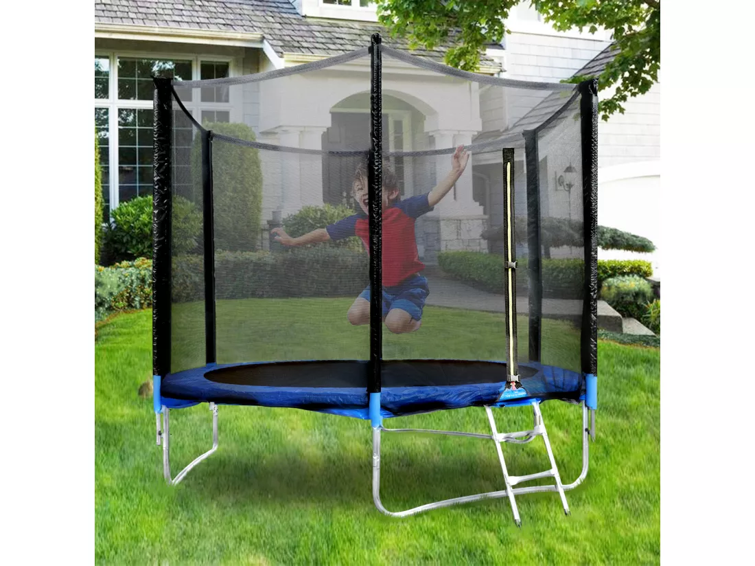 Trampoline de Jardin Enfants et Adultes Jeux d'Extérieur 244 cm Noir et Bleu Avec Filet de sécurité Couverture de protection