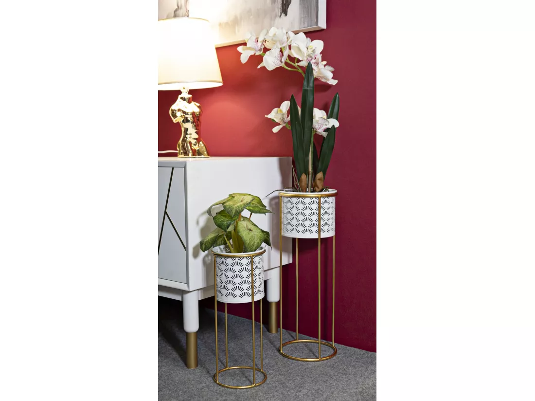 Porte-vases Whity - Lot de 2 pièces en métal blanc et doré - Ø 17x46 cm et 14x34 cm - Décoration géométrique régulière - Supports amovibles