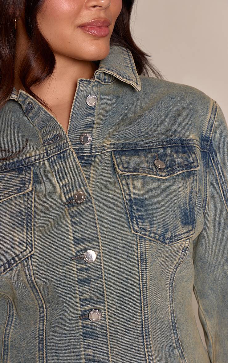 Délavage Vintage Chemise En Denim Grande Taille À Manches Évasées Et Taille Cintrée Bleue