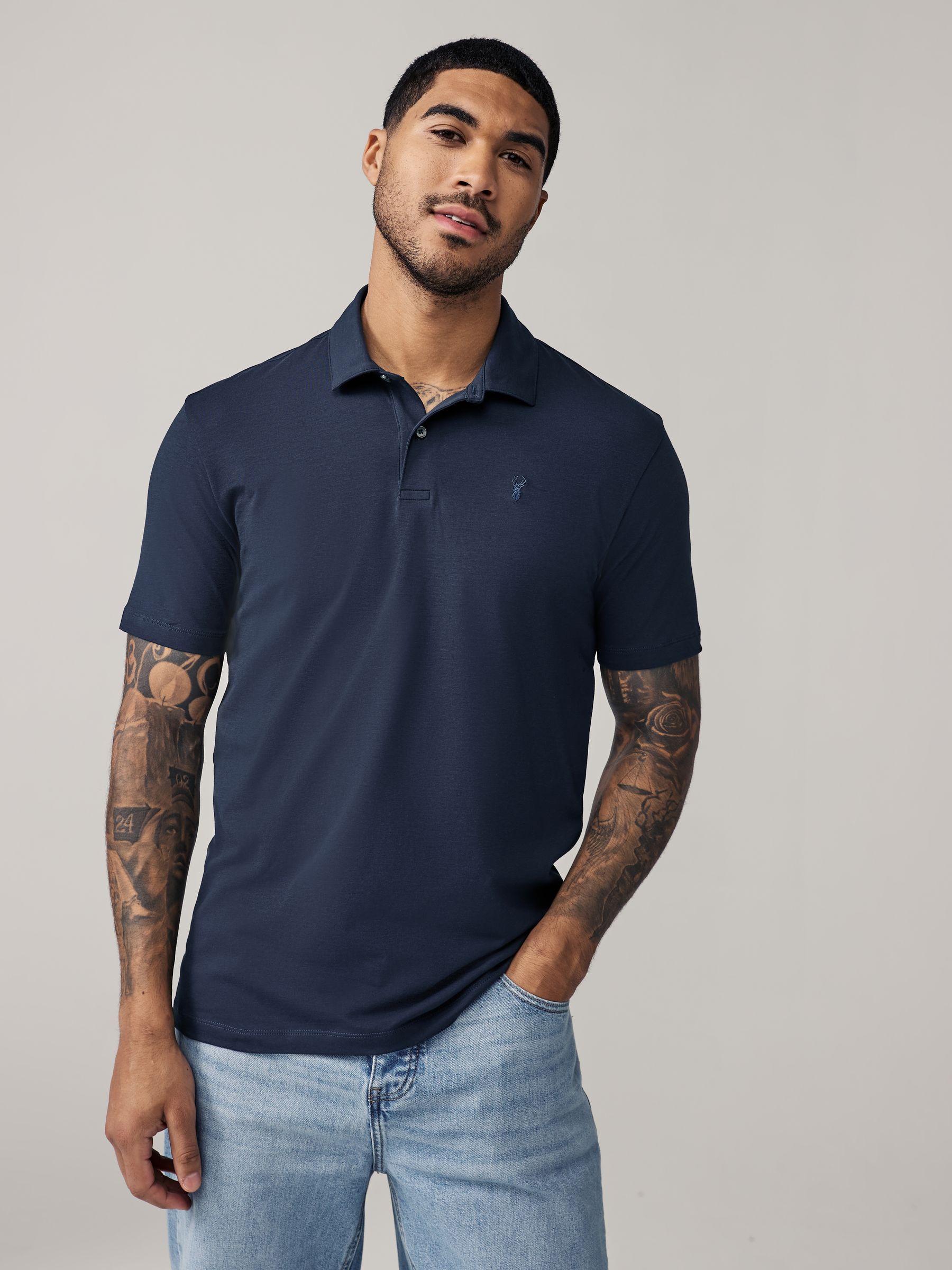 Marineblauw/zwart/grijs/wit/saliegroen - Slim Fit - Set van 5 jersey poloshirts met korte mouwen