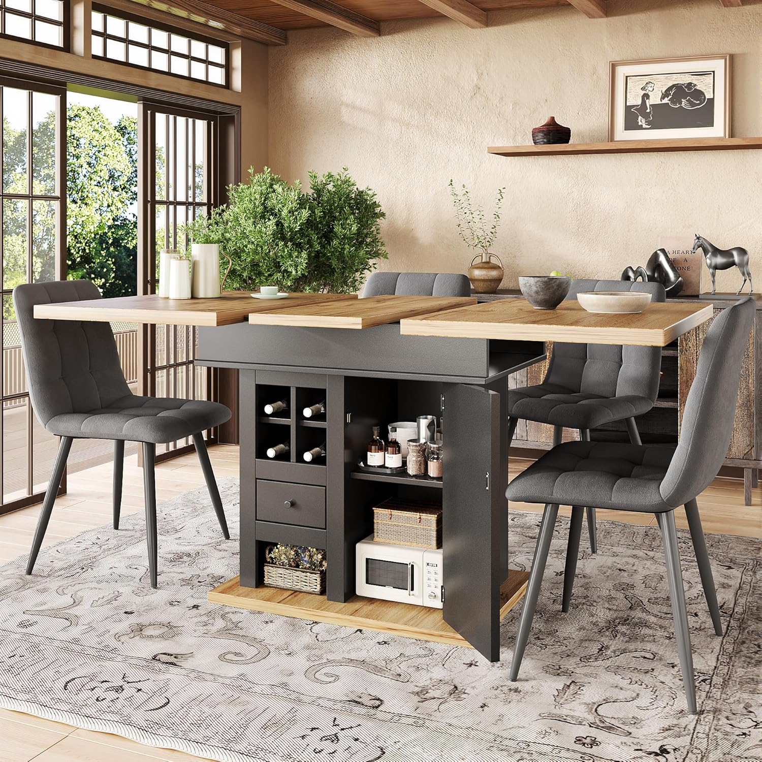 Esstisch Ausziehbar 110-140x80x75 cm mit Weinregal und Schubladen für 4-6 Personen, Esszimmertische mit Türen und Stauraum, Esszimmertisch Ausziehbar, Esszimmermöbel, Holzfarbe+Schwarz