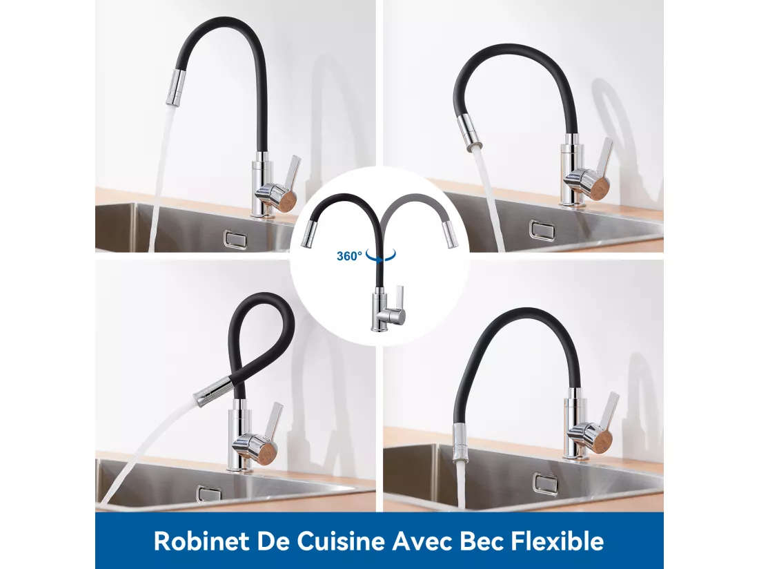 AURALUM MAX Robinet Cuisine Noir,Mitigeur Cuisine Flexible,2 Modes Pulvérisation,Rotatif 360°, Robinet Evier Cuisine Avec Perlator Economiseur D'Eau