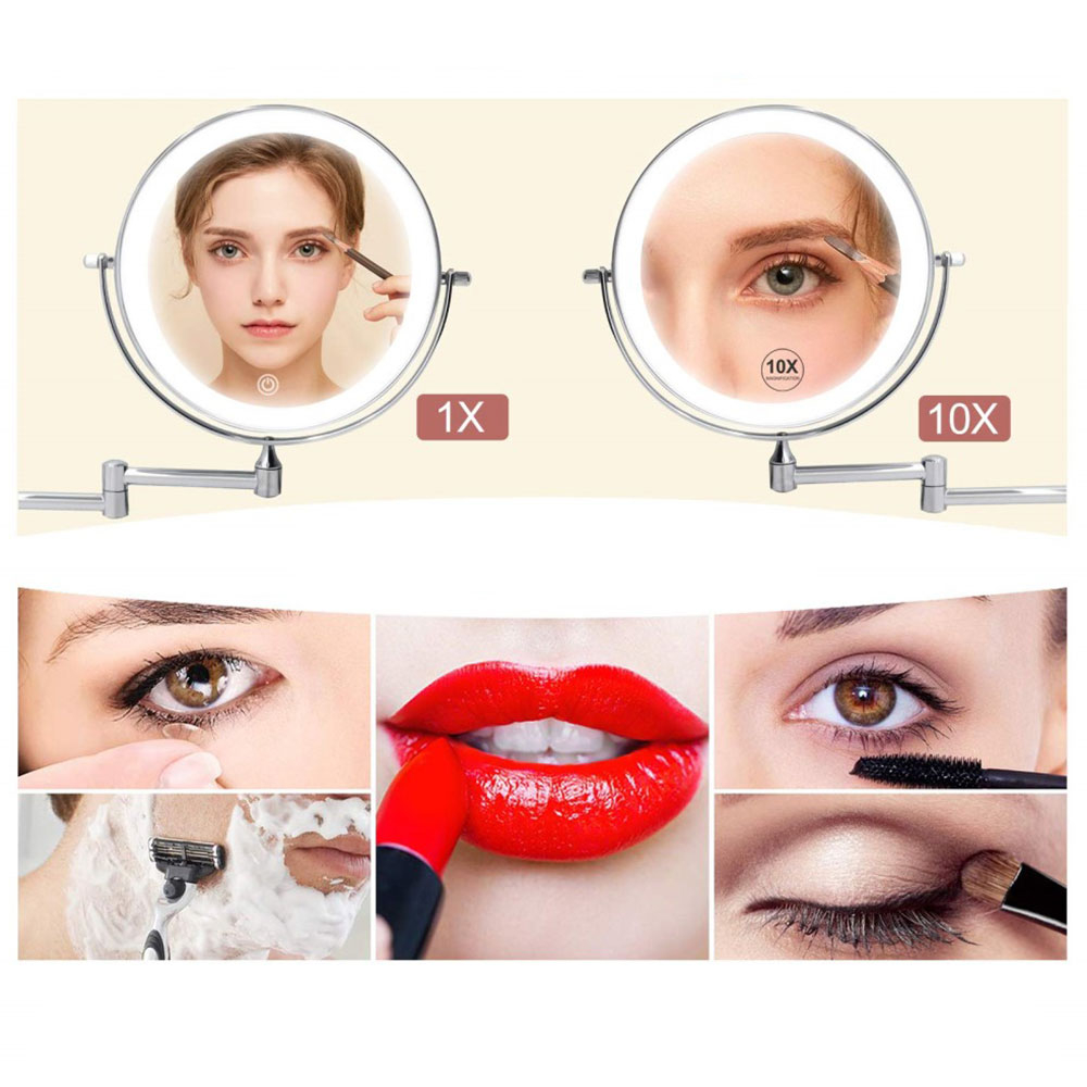 Doppelseitiger LED Makeup Schminkspiegel Kosmetik Spiegel mit Wandhalterung   Touch-Sensor (Batteriebetrieben) - Silber