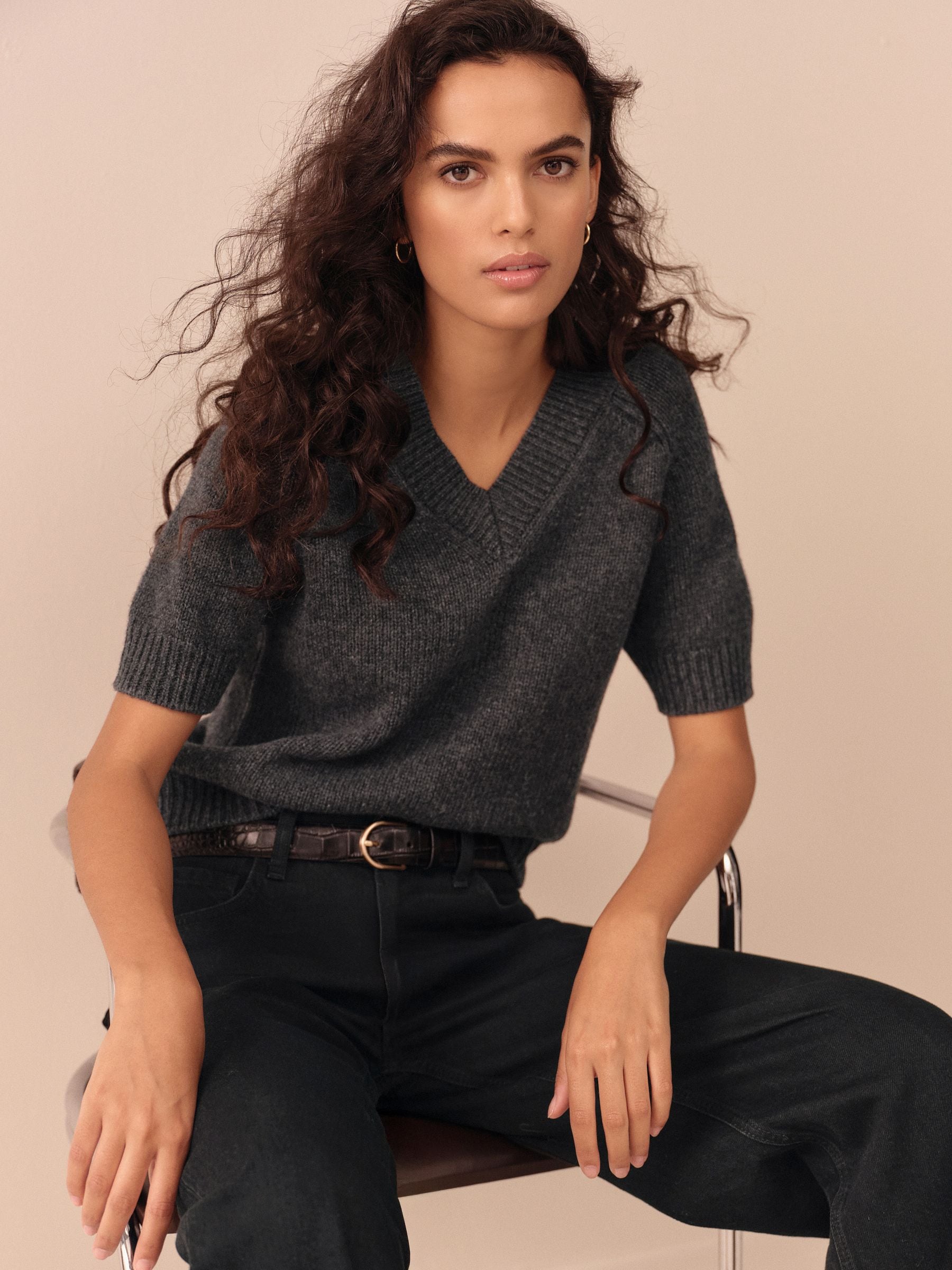 Antraciet - N.Premium 100% Merino Wool Ribbed Henley Jumper