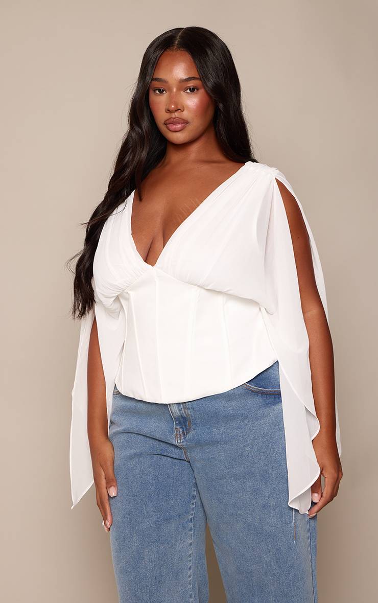 Blanc Haut Grande Taille Style Corset À Décolleté Plongeant En Mousseline
