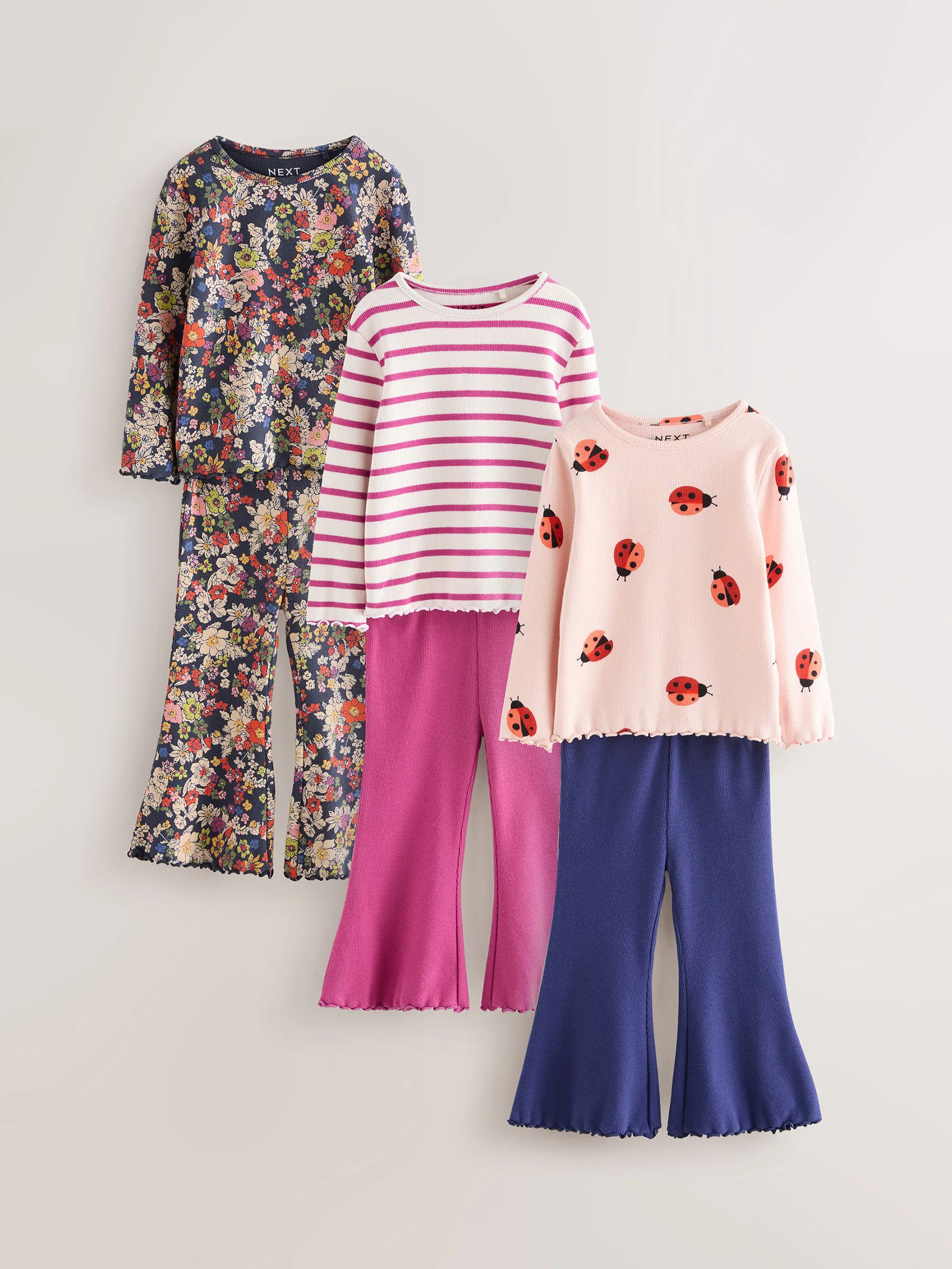 Donkerblauw/roze - Set van 3 tops en flared leggings (3mnd-7jr)