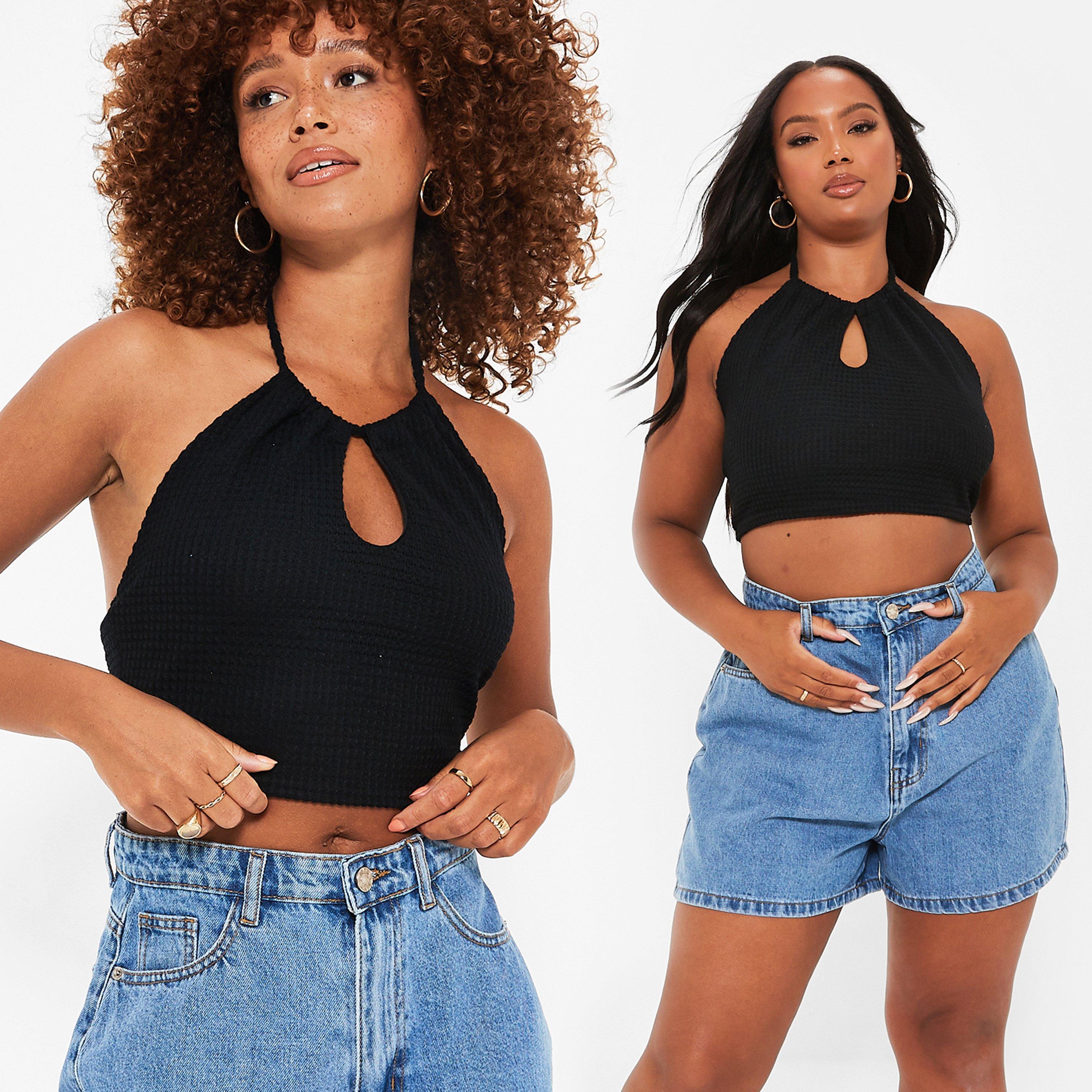 I Saw It First ISAWITFIRST Waffle Textured Halterneck Keyhole Crop Top