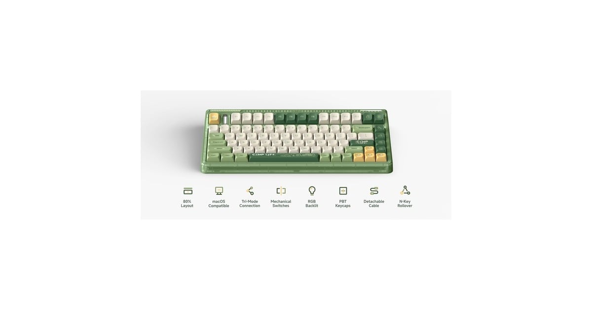 IqunixOG80 Camping Wireless Mechanical Keyboard, gaming toetsenbord  (Groen/oranje, US lay-out, IQUNIX Moonstone, RGB leds, 80% (TKL), Hot-swappable, PBT, 2.4GHz | Bluetooth 5.1 | USB-C)