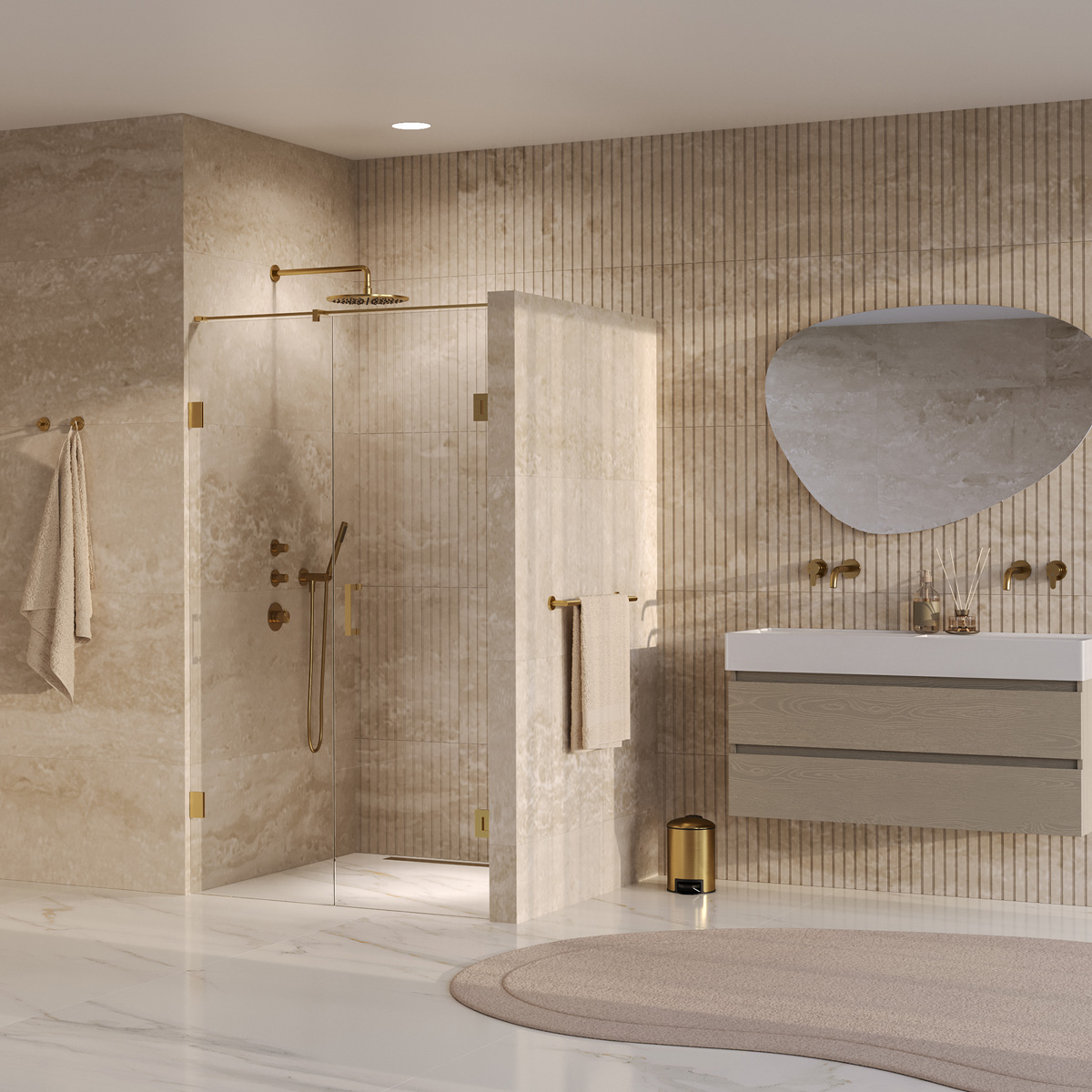 Brauer Void profielloze nisdeur 110cm met draaideur 60cm aan muur messing geborsteld PVD