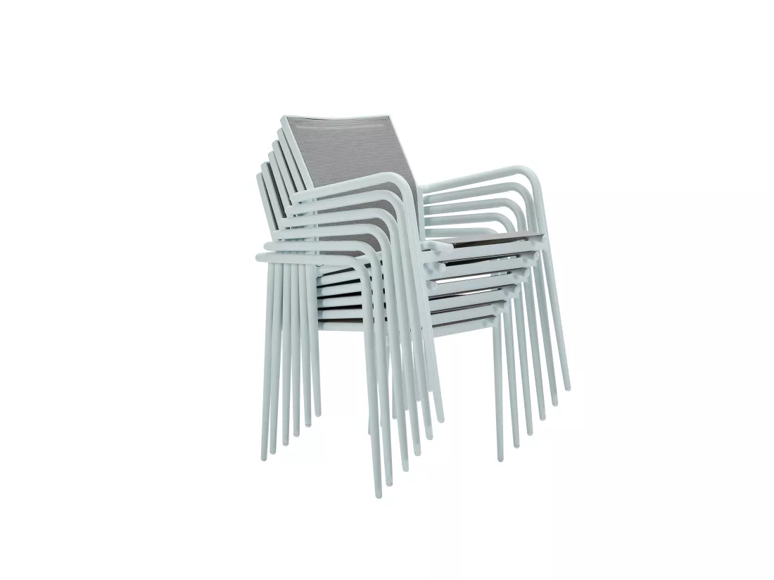 Salle à manger de jardin en aluminium : une table extensible L.150/200 cm et 4 fauteuils empilables - Gris clair et blanc - YOHA de MYLIA