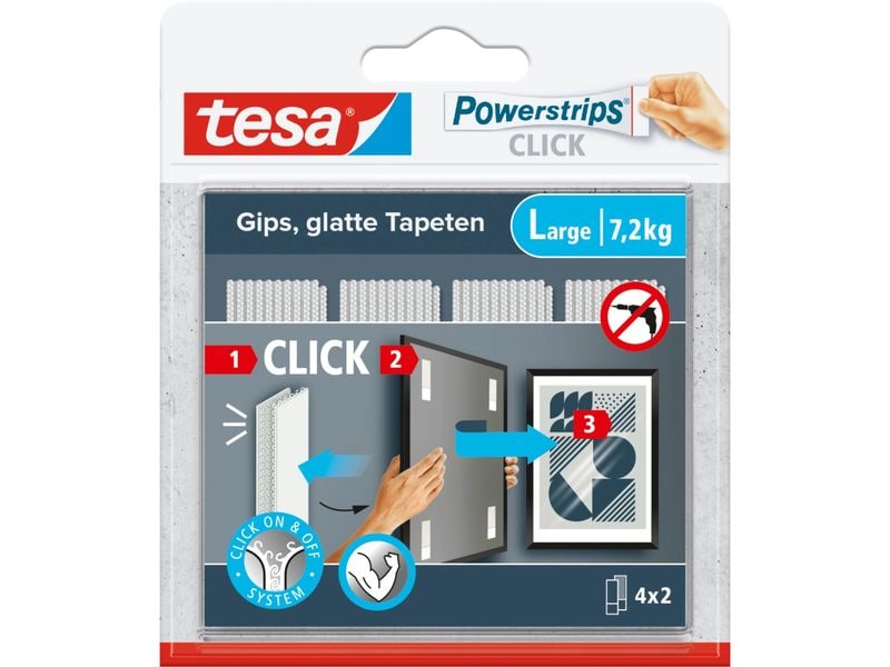 tesa Montagestreifen Powerstrips CLICK Large 4 Paar, 7.2 kg Klett-Klebepads zum An- und Abklicken von Bilderrahmen und Wanddekorationen ohne Bohren