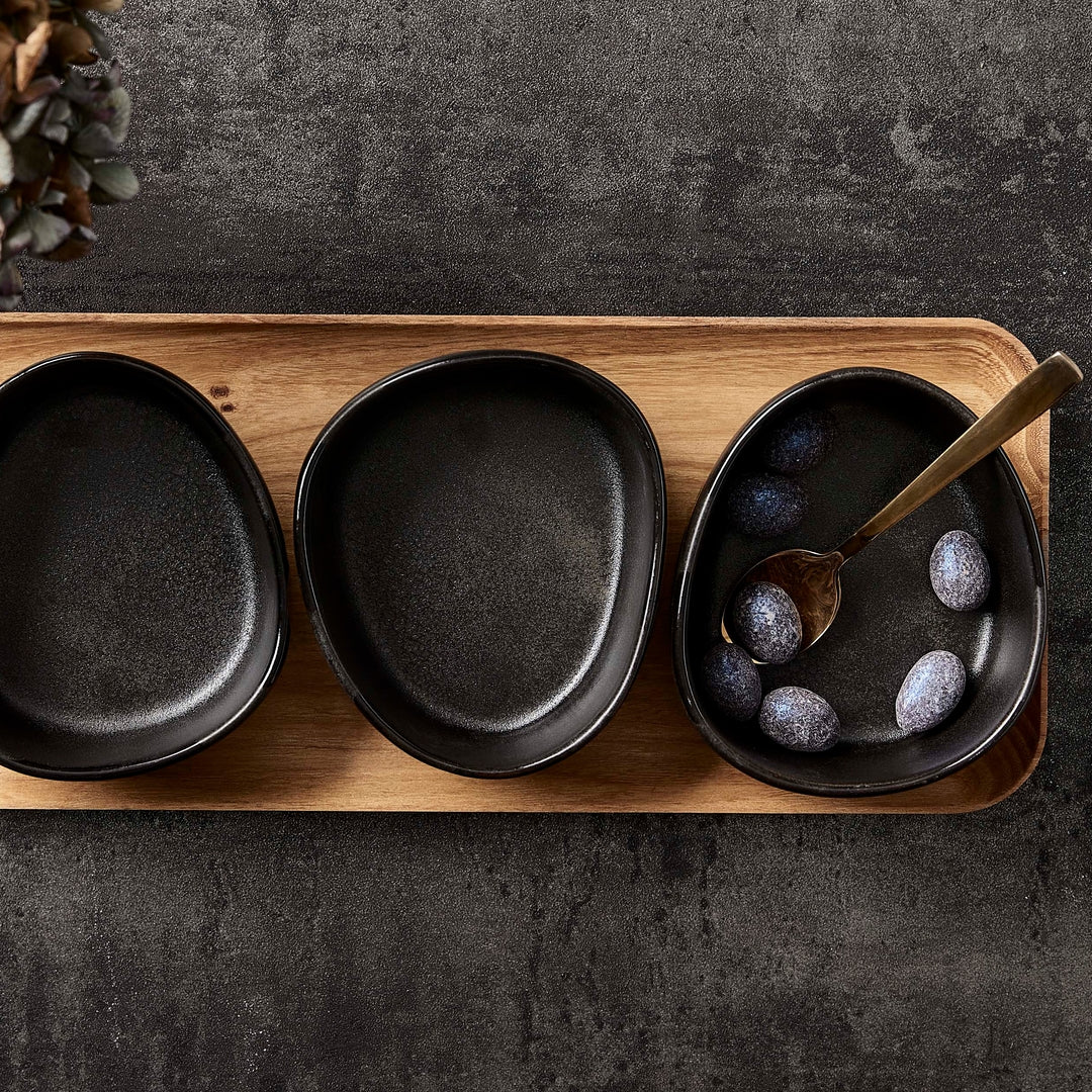 RAW  Organic skåle m/teakbakke, Titanium Black - 3 stk.