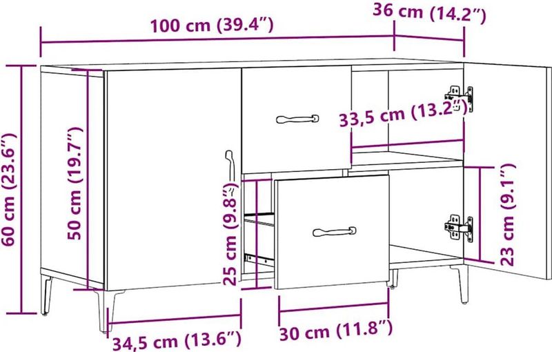 vidaXL - Dressoir - Eikenkleurig - Bewerkte Hout - 2 Deuren - 2 Lades