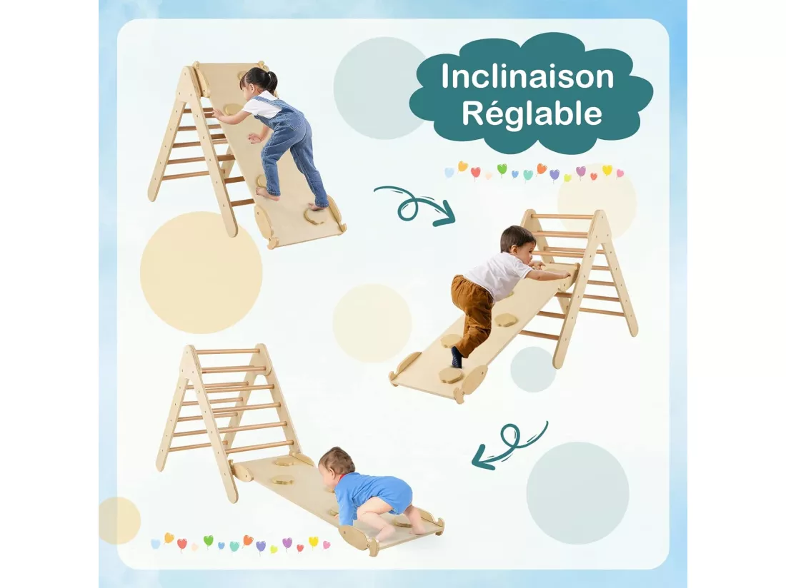 3 en 1 Triangle d'escalade Enfant avec Rampe Double Face, Echelle d'escalade en Bois Moderne avec Inclinaison Réglable, Structure de Jeu pour Maison Garderie pour Tout-Petits de 1 an+