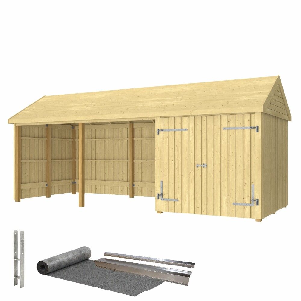REDSKAPSBOD PLUS CLASSIC MULTI GARDEN DOBBELDØR OG ÅPEN FRONT INKL. TAKPAPP/ALUMINIUMLISTER/STOLPEFØTTER UBEHANDLET 14,5M²