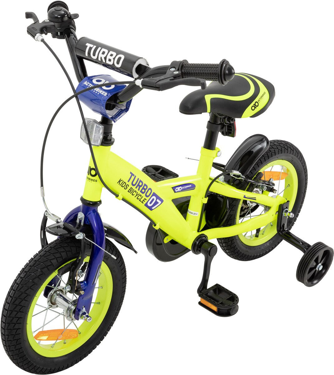 Actionbikes Kinderfahrrad Turbo 12 Zoll, Stützräder, V-Brake-Bremsen, Lenker-/Kettenschutz, Klingel