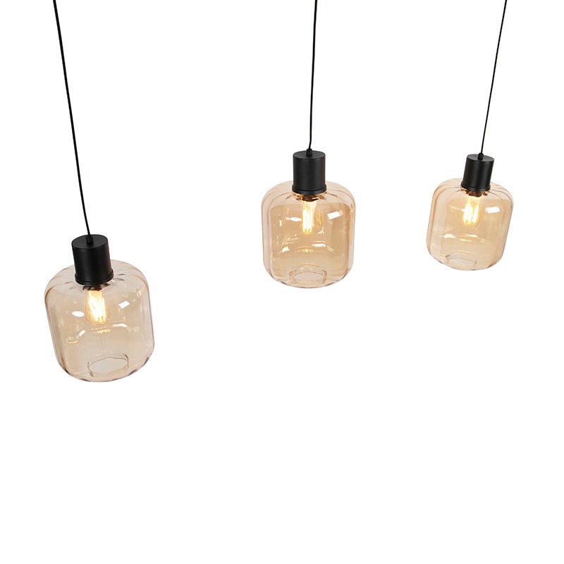 Design hanglamp zwart met amber glas 3-lichts 161,5 cm - Qara