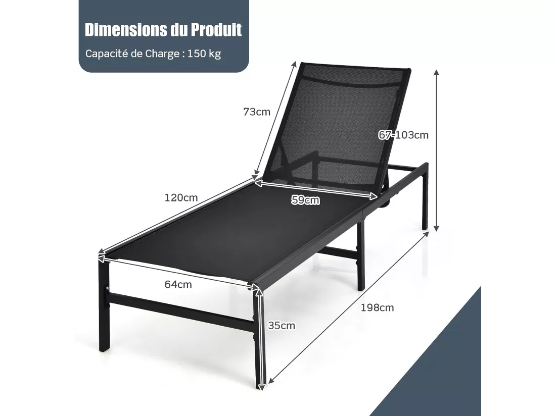 Transat Inclinable/Chaise Longue de Jardin-Dossier Réglable à 5 Positions en Acier&Tissu pour Piscine, Plage, Terrasse, 198x63,5x35cm, Charge 150 kg, Noir