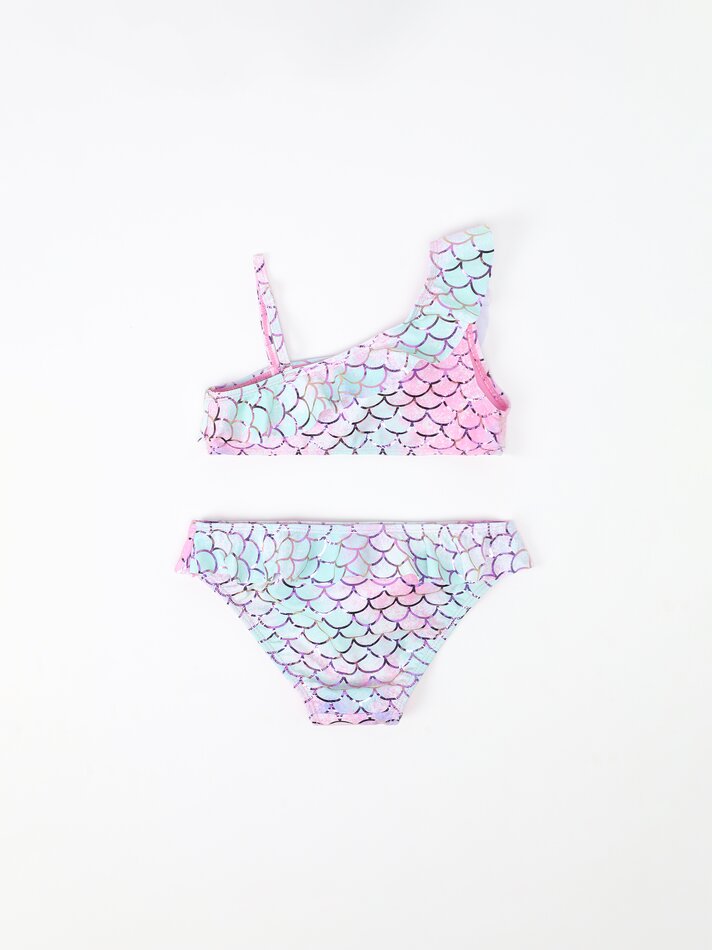 Conjunto de biquíni de duas peças e scrunchie com estampa de sereia - Rosa