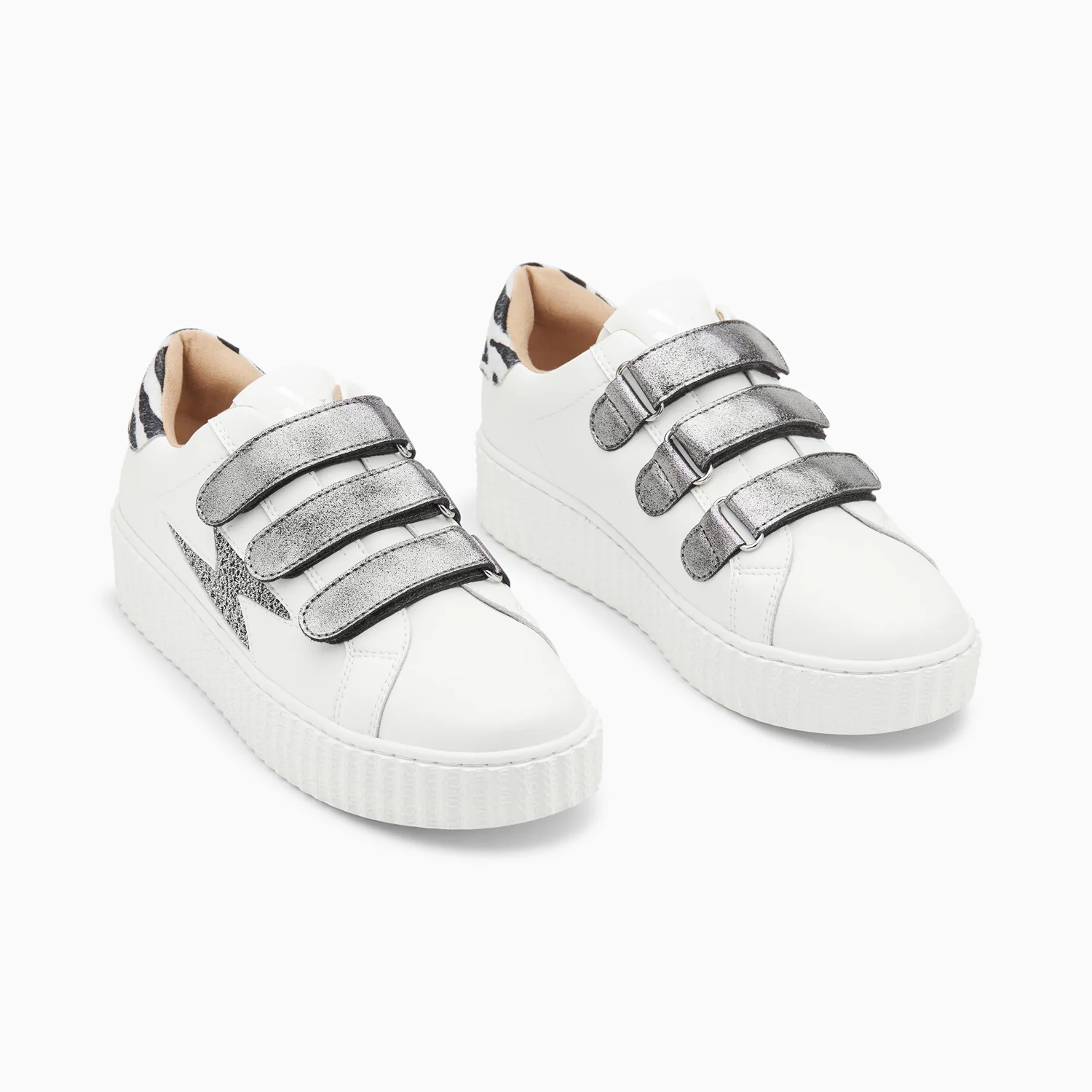 Sneakers-Baskets éclair Darine blanc et zèbre à scratchs anthracite