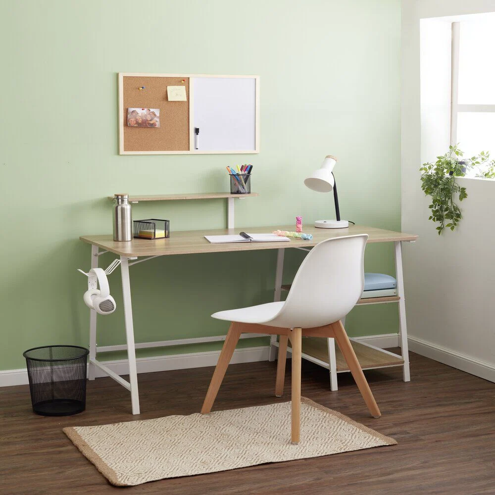 Bureau Troy en métal et bois blanc et naturel 118x61,5x73/92cm