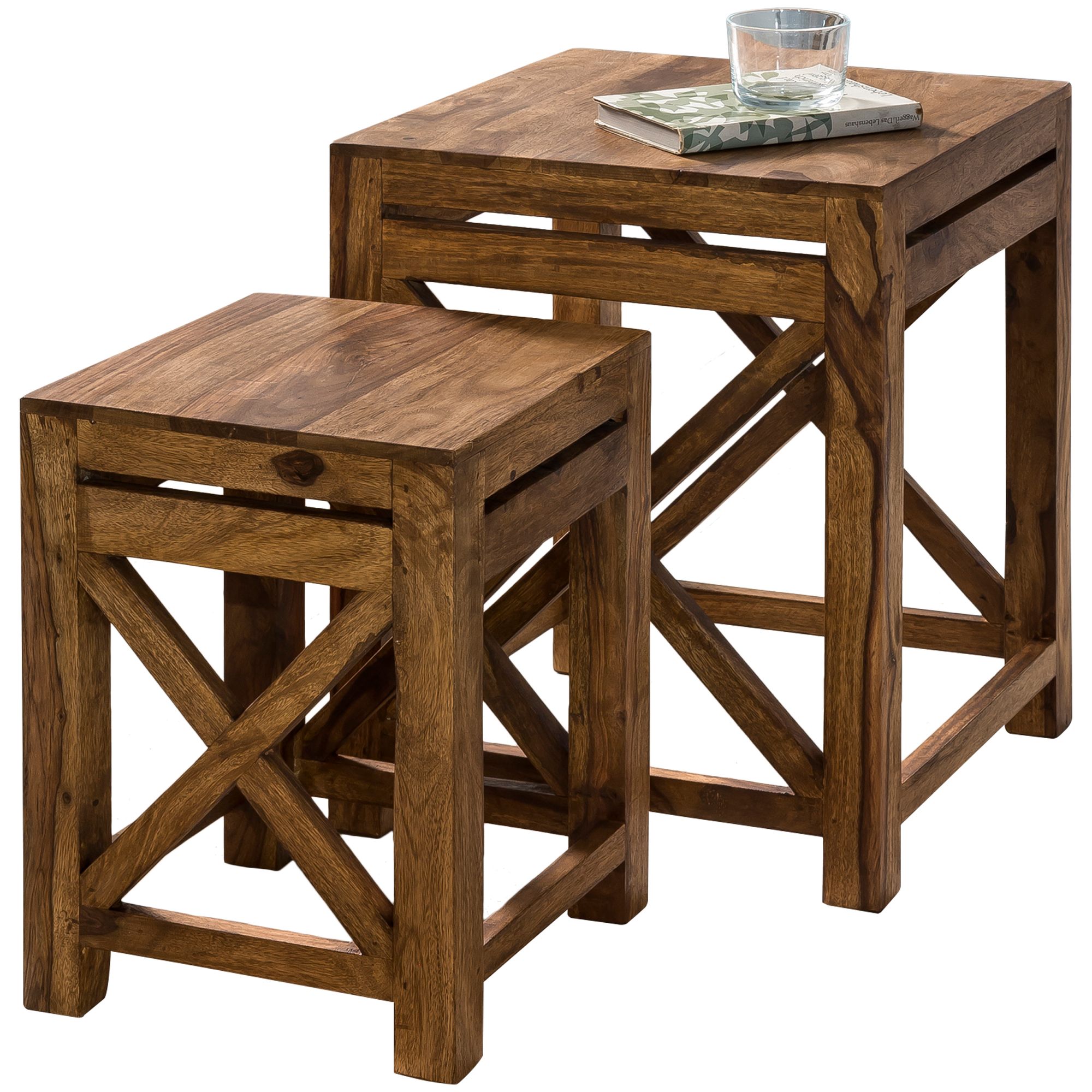 FineBuy Sheesham Massivholz Beistelltische 2er Set Satztisch 40 x 50 x 40 cm