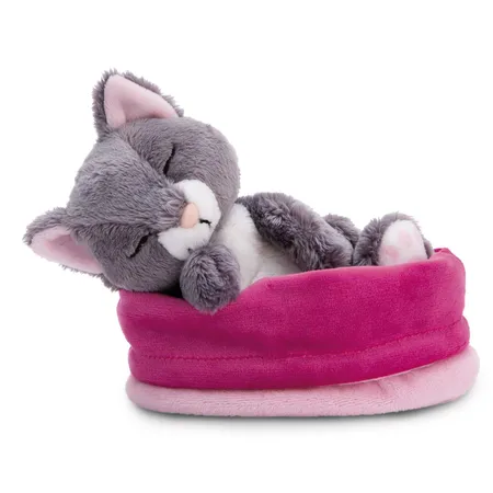 NICI Kuscheltier Katze grau 12cm schlafend im Körbchen rosa GREEN