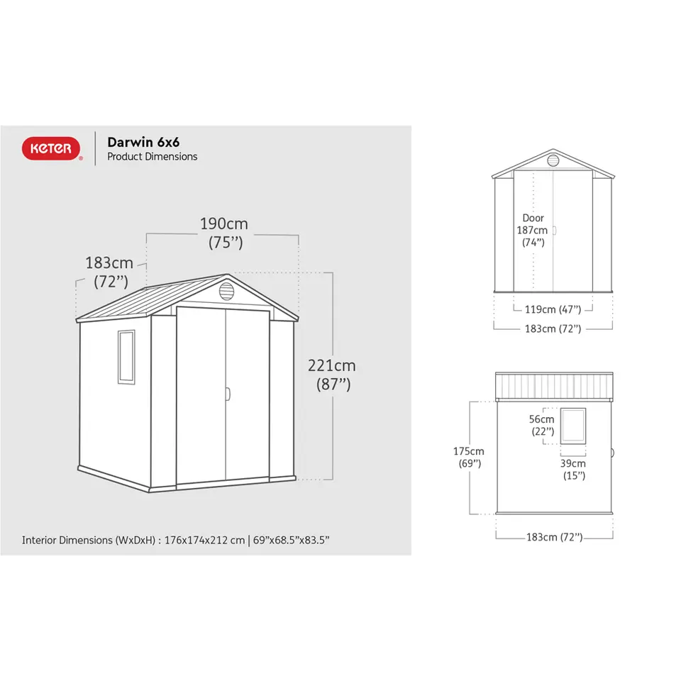 Keter Darwin 66 Tuinhuis - dubbele deuren   ramen - 190x183x221 cm - Grijs