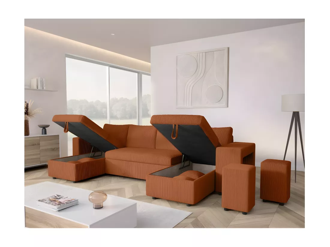 Canapé panoramique Oslo convertible avec 2 coffres, 2 poufs à droite en velours côtelé terracotta - L311 x P146 x H81cm - Loungitude