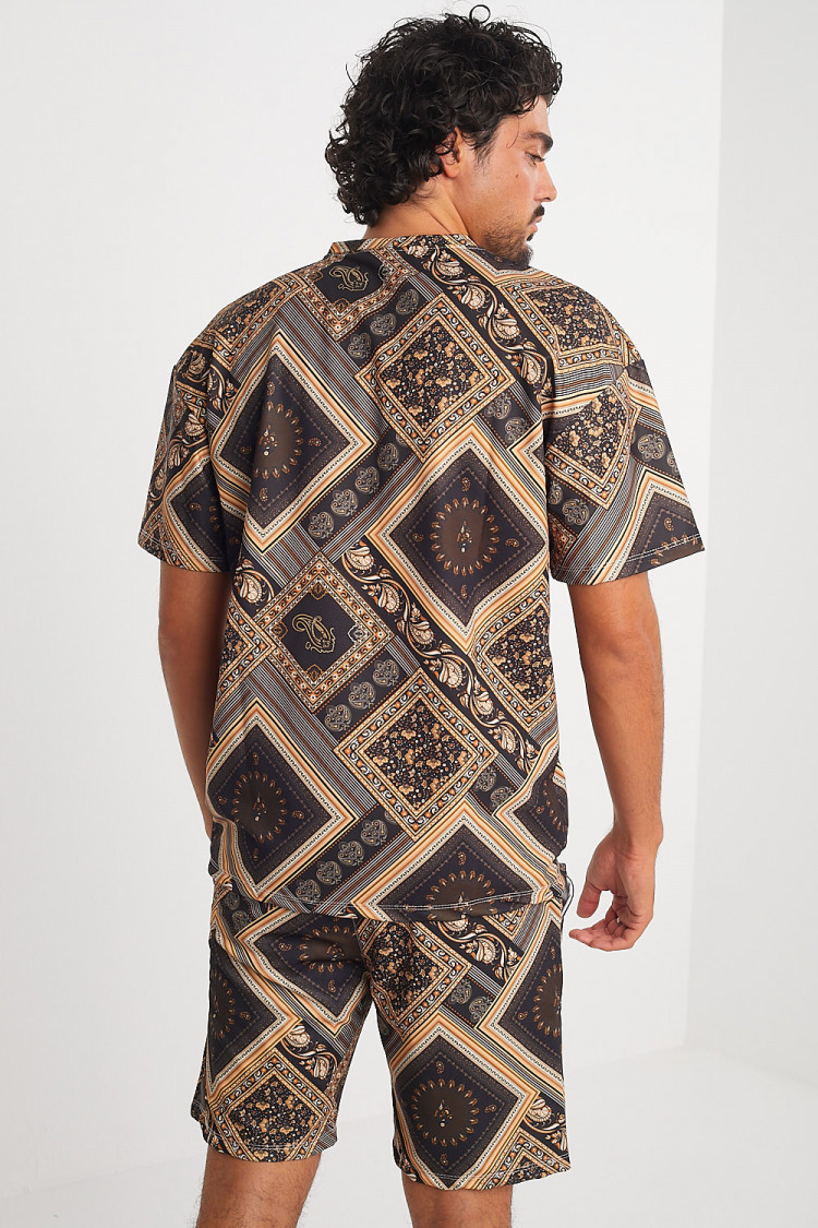 Ensemble 2 pièces t-shirt + short noir à motif baroque