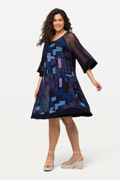 Midikleid, doppellagig, Mesh mit Grafik Print, Schmucksteine, 3/4-Ärmel