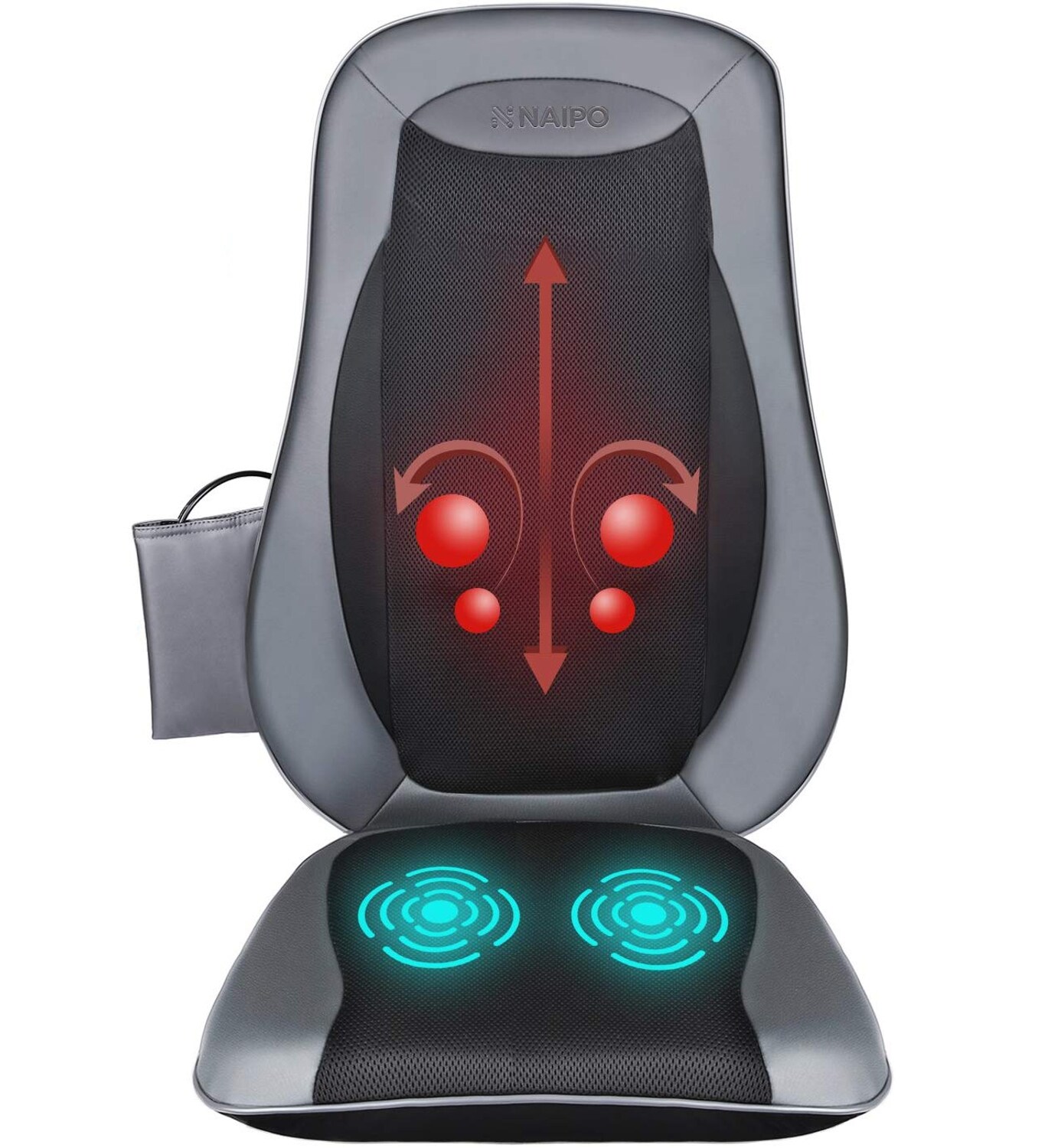 NAIPO Rücken Massagegerät Massagesitzauflagen mit Shiatsu Wärme Tiefenmassage Rollmassage Vibration für oberen unteren komplett Rücken MGBK-2606H
