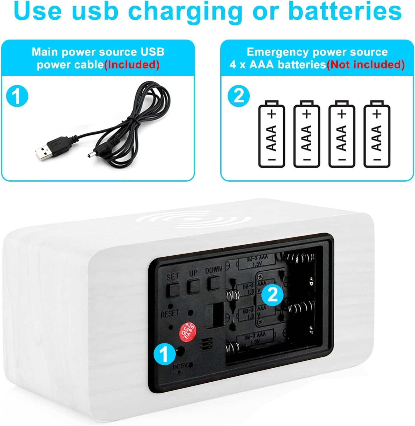 3in1 LED Holz Wecker USB Nachttisch Uhr mit Integrierter Ladestation Qi Wireless Ladegerät / Temperatur Anzeige - Weiss