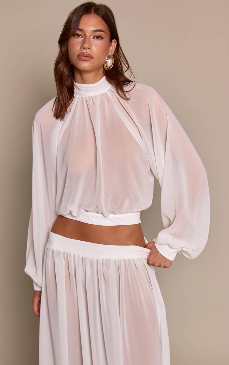 Blanc Blouse Co-ord Dos Nu Manches Ballon En Mousseline Transparente