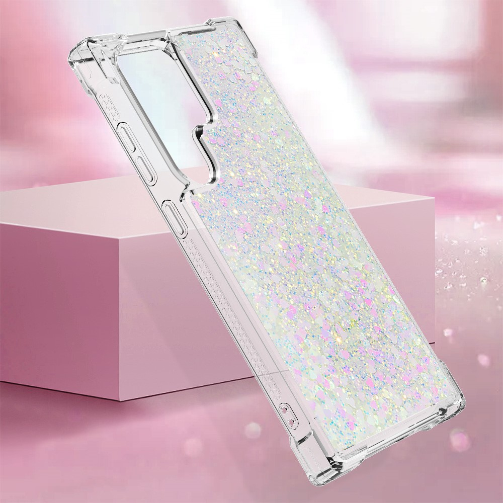 Samsung Galaxy S24 Ultra Hardcase Hülle mit Air Cushion Fallschutz Liquid Case Glitzer Herzen - Silber / Transparent