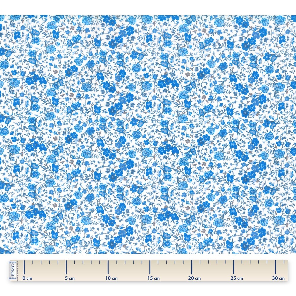 Coupon Tissu Enduit De 35Cm Fleuri Bleu Crème Ex1058