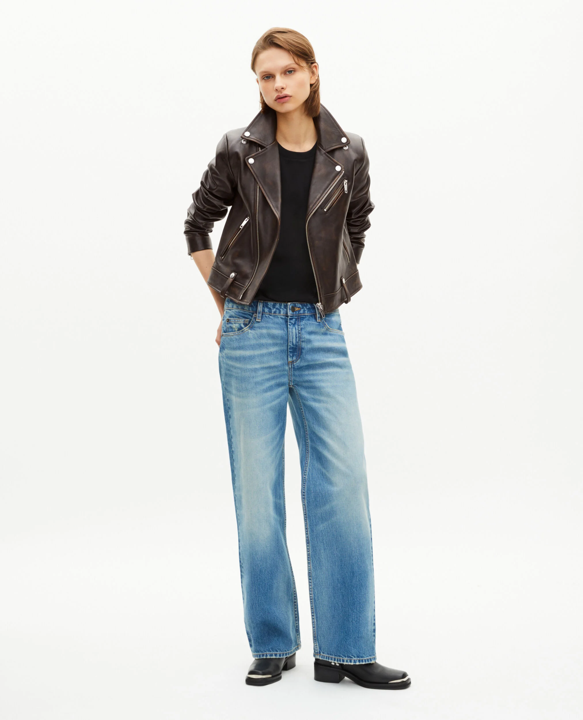 Blouson motard en cuir marron