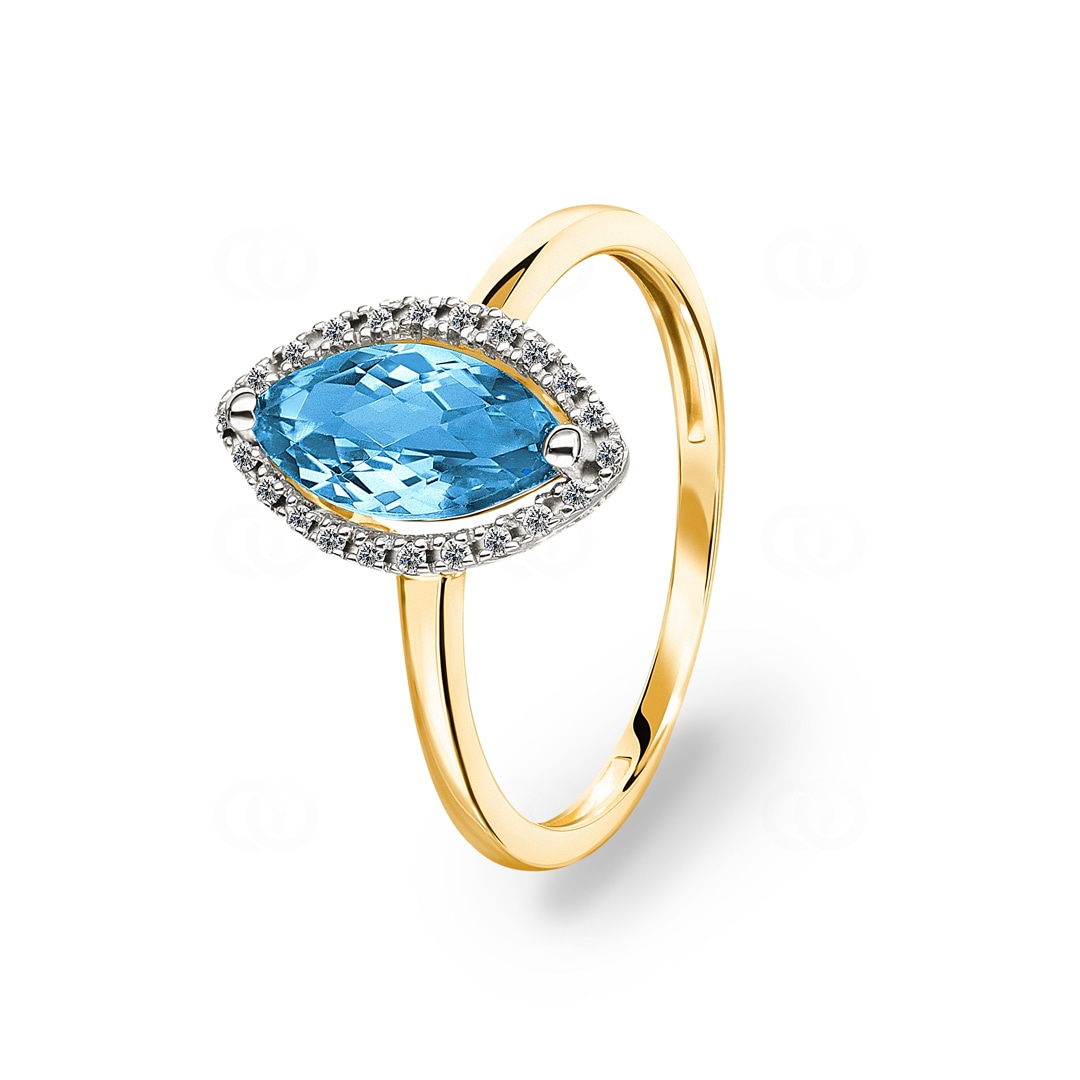 Damenring 750/18 K Gelbgold mit Blautopas Marquise und Diamanten 0.06 ct H/si