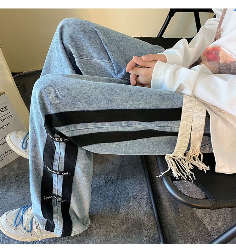 Cowpow - Mid Rise Lettering Striped Washed Wide Leg Jeans