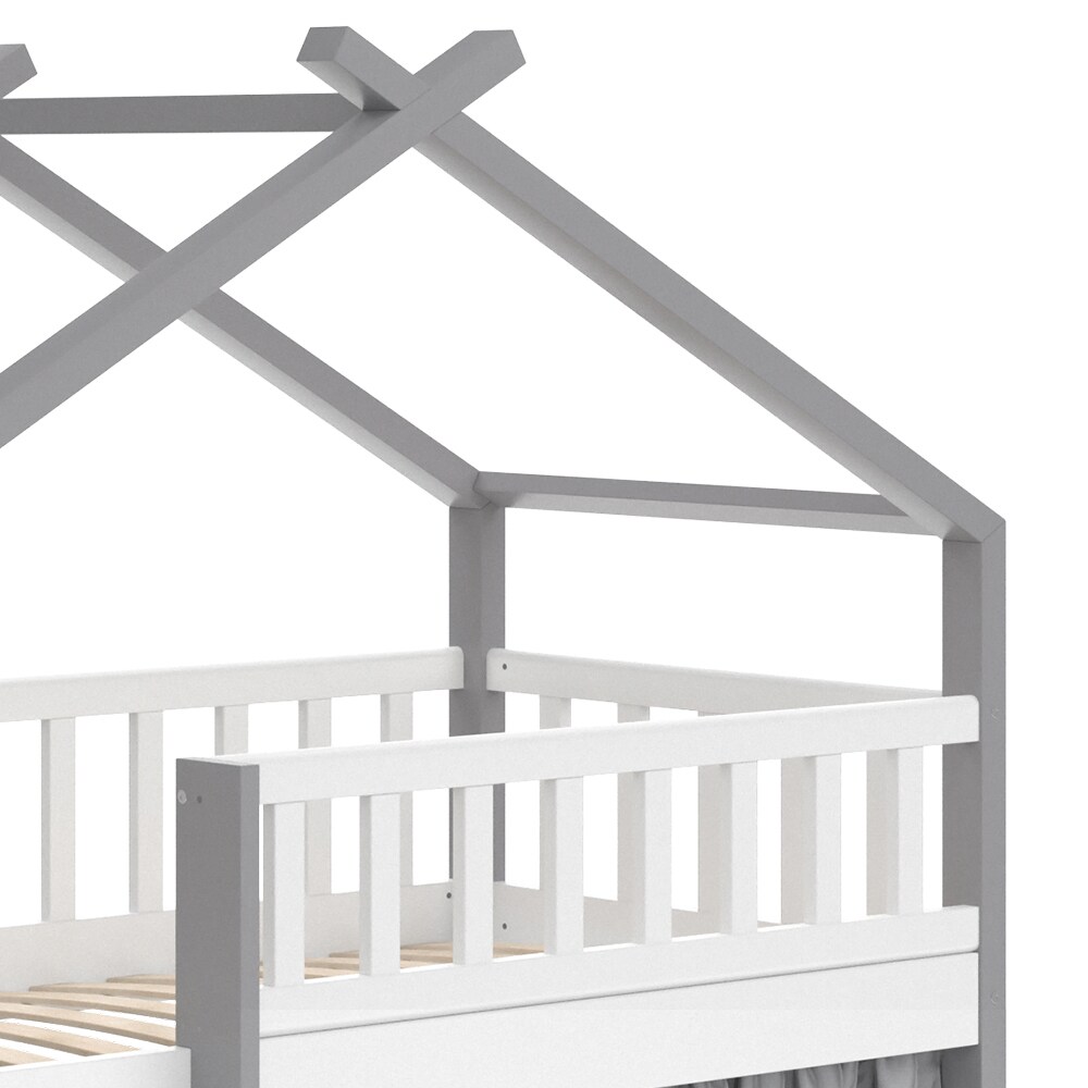 VitaliSpa Kinderbett Bettenhaus Einzelbett Adis Weiß Grau modern 168x158 cm Kinderzimmer Rausfallschutz Massivholz Lattenrost Bettleiter Hausbett Hochbett