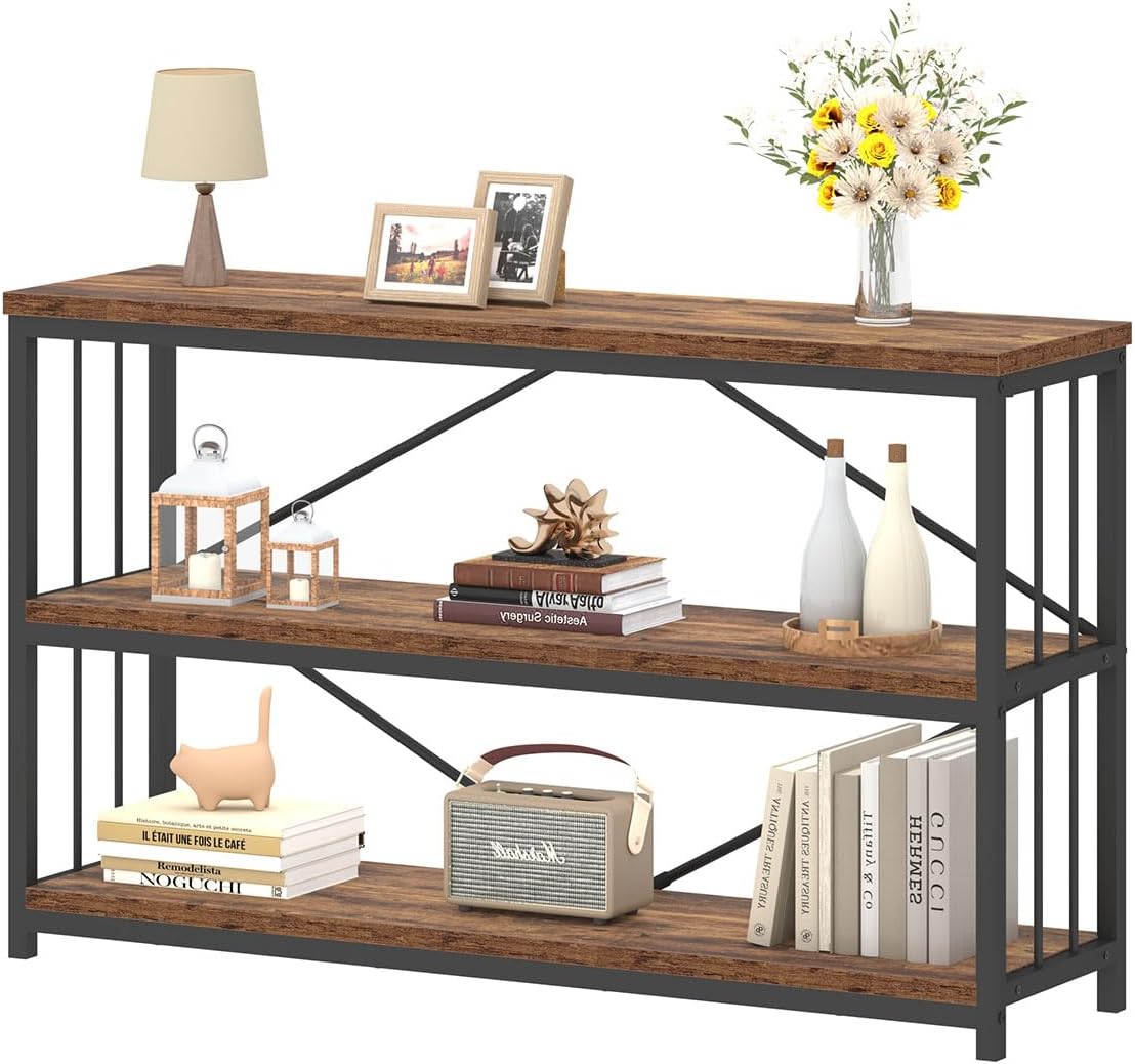 IBF Regal mit 3 Ebenen 120 cm Breit Bücherregal Holz und Metall Vintagebraun Offenes Standregal Industrielles Würfelregal Bücherschrank für Wohnzimmer Schlafzimmer Büro Küche 34 x 120 x 74 cm