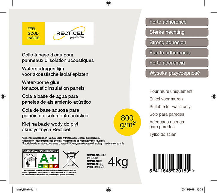 Colle haute résistance pour panneaux d'isolation acoustique et plaques de plâtre Recticel 4 kg