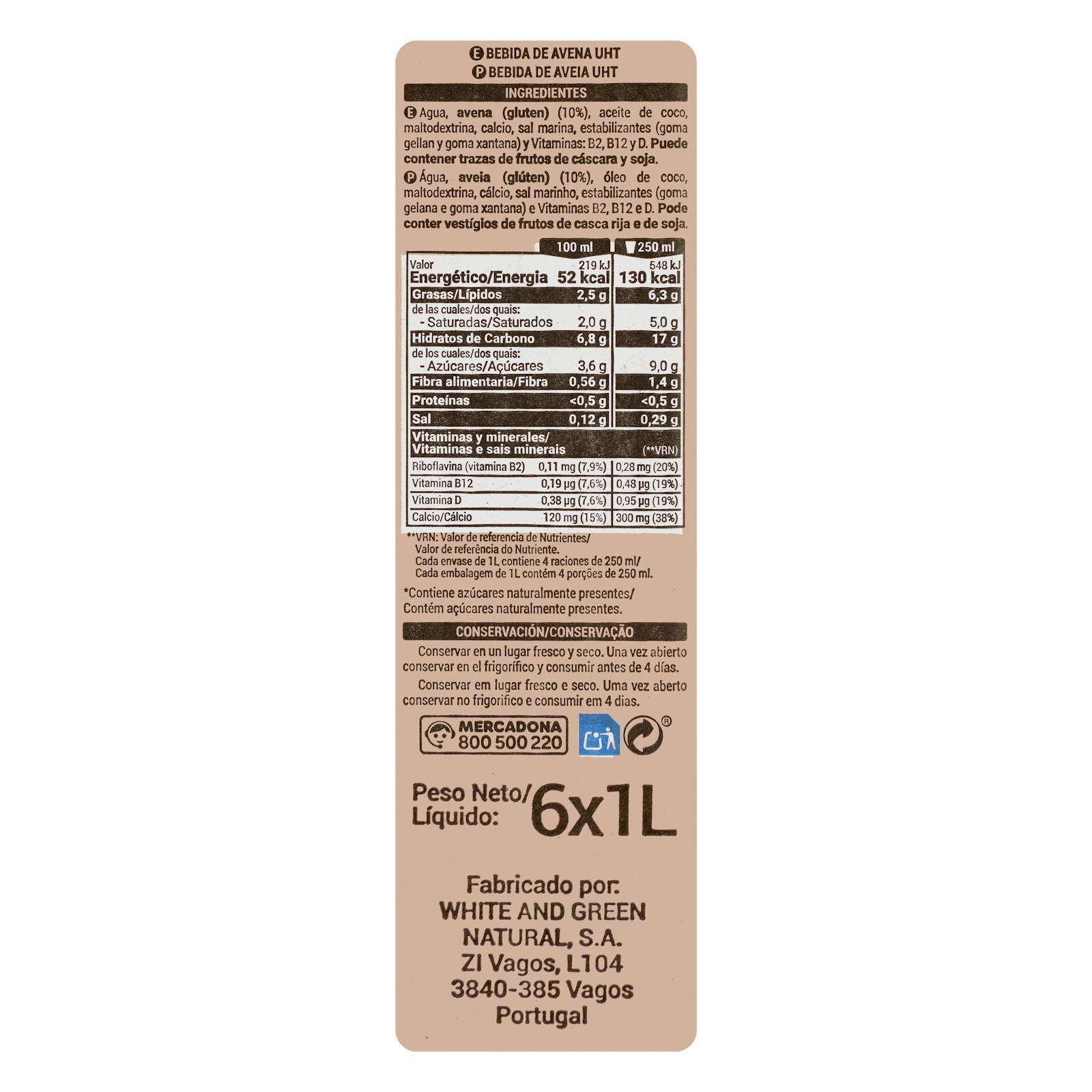 Boisson à l'avoine Hacendado avec calcium et sans sucre ajouté
