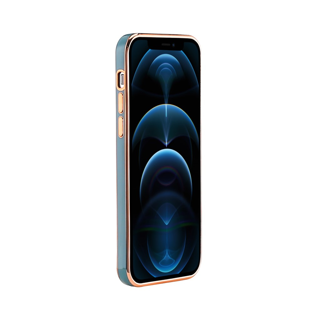 iPhone 12 Pro Gummi Case Hülle Galvanisierter Rahmen mit Rautenmuster - Blau / Roségold