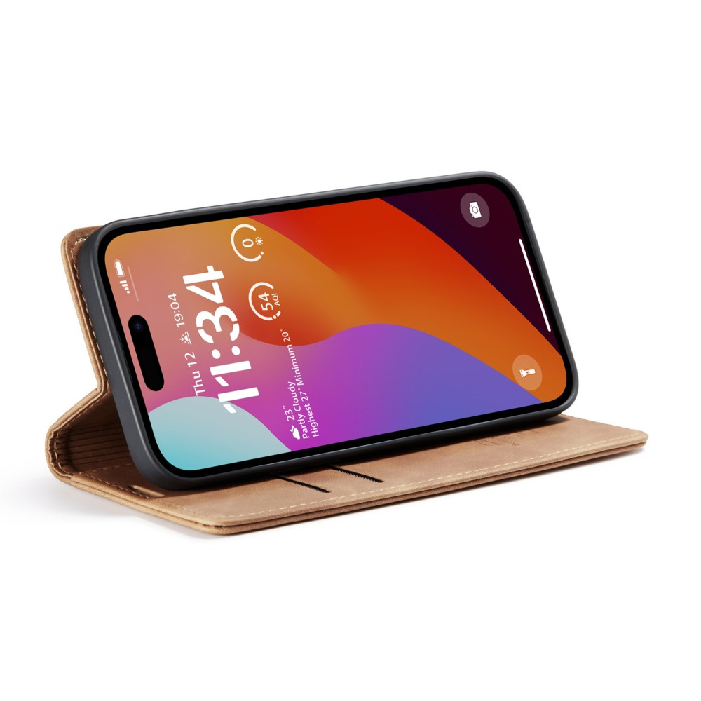 iPhone 16 Pro Leder Tasche Flip Wallet Etui mit Kartenfächern - Hellbraun