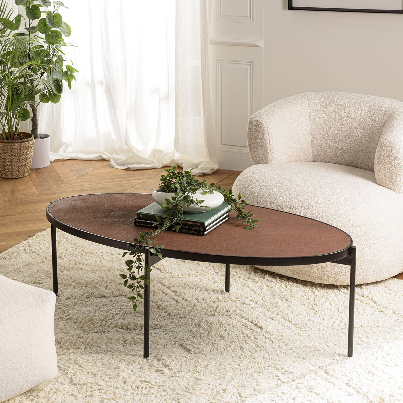 Macabane Table basse ovale effet pierre Basile bois/noir - 131x65x40 cm
