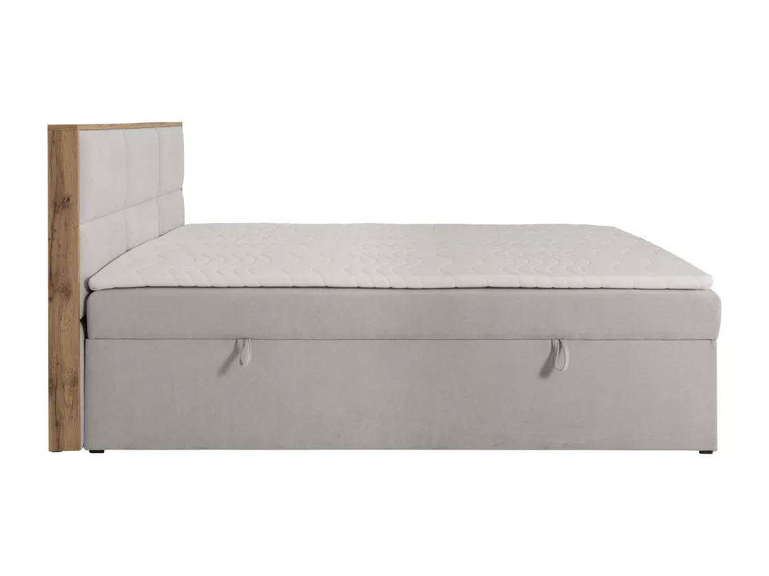Ensemble complet literie déco tête de lit encadré bois + sommiers coffre + matelas + surmatelas - 180 x 200 cm - Tissu - Gris clair - SIAKI de YSMÉE