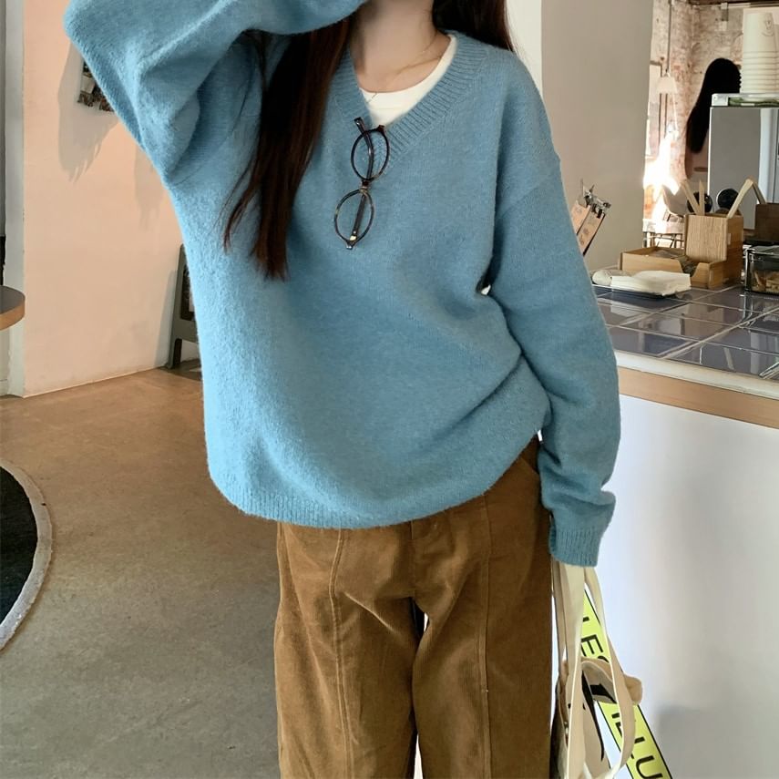 Joyciful - V-hals effen oversized trui / Mid waist effen wijde broek