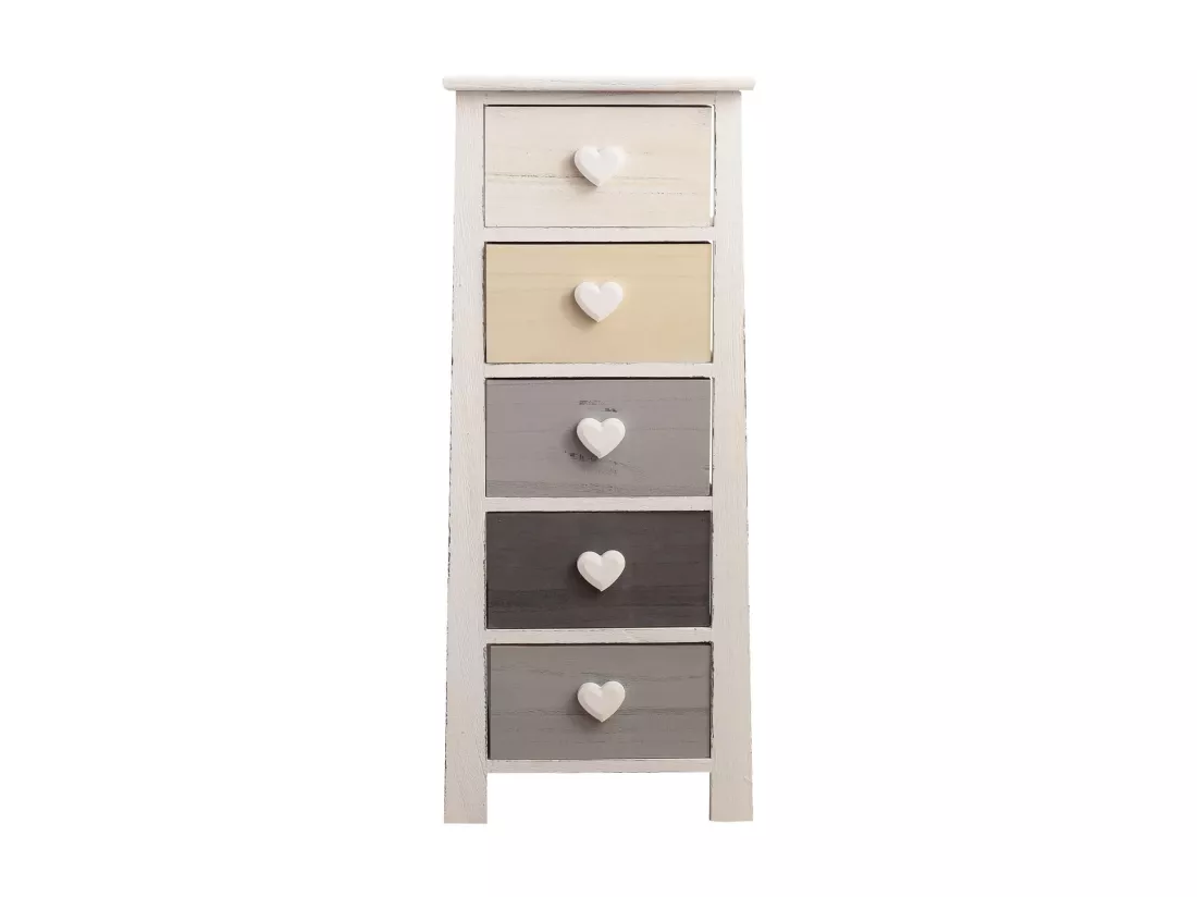 Chiffonnier Commode 5 Tiroirs Bois Blanc Beige Gris 87x37x25