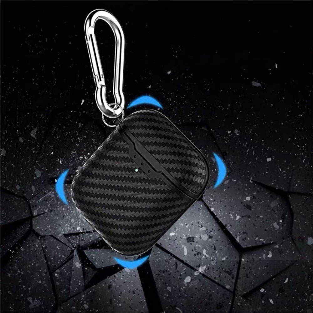 AirPods (1. & 2. Generation) Gummi Schutzhülle Abdeckung mit Karabinerhaken Carbon Look - Dunkelblau